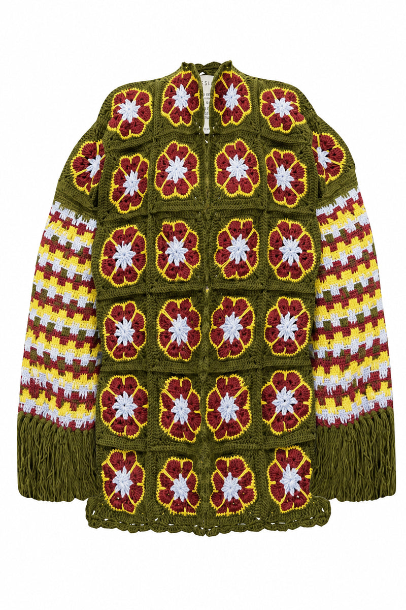 Jessica K Imagine jacket in kaki, a stylish cardigan with a cozy, versatile design, displayed in a natural fabric and color.