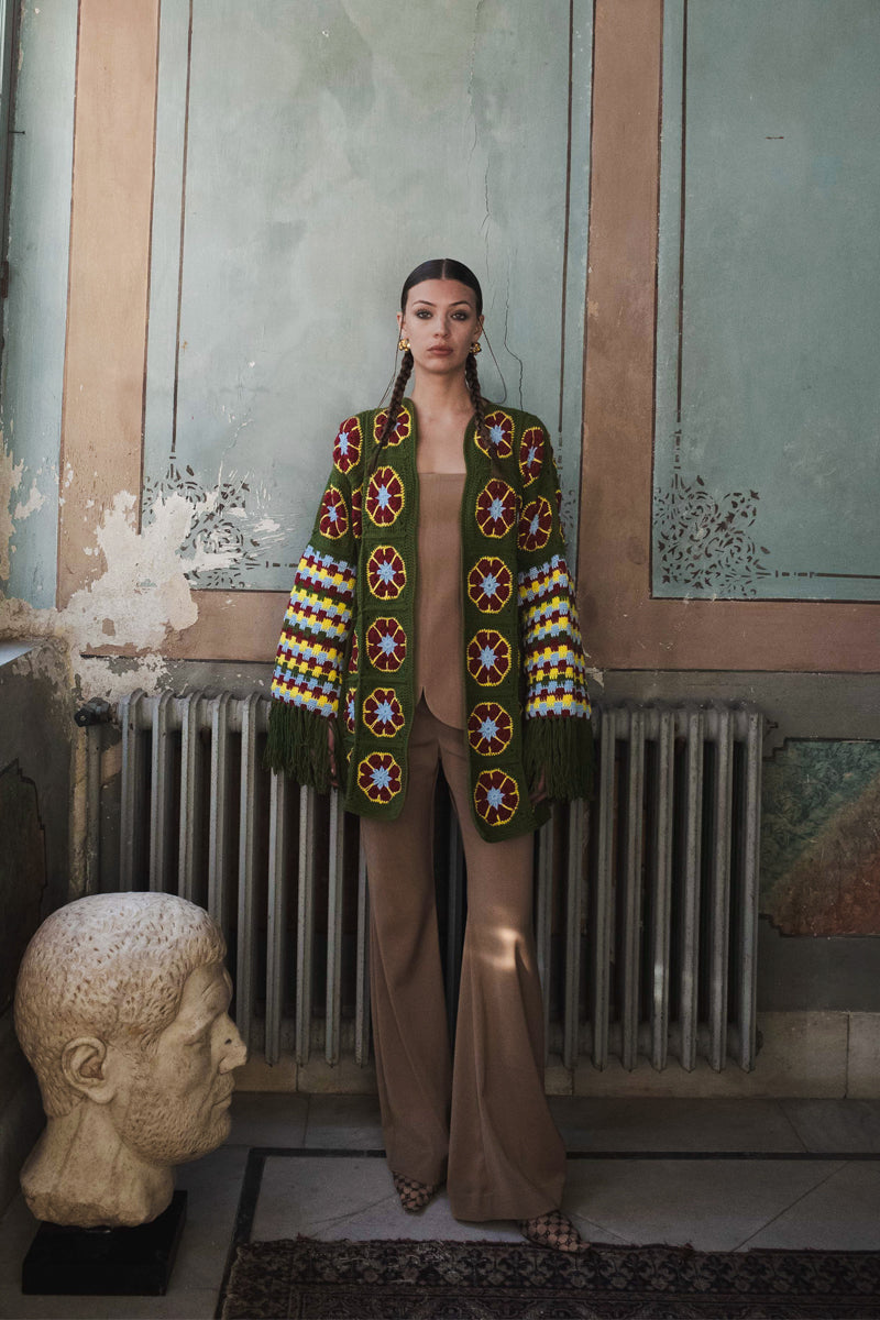 Jessica K Imagine Jacket in khaki, a stylish cardigan with a relaxed fit and button details, shown on a model.