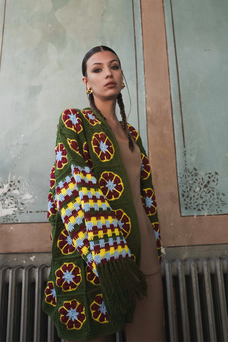 Jessica K Imagine cardigan jacket in kaki, shown with front view, featuring a cozy, stylish knit design and button closure.