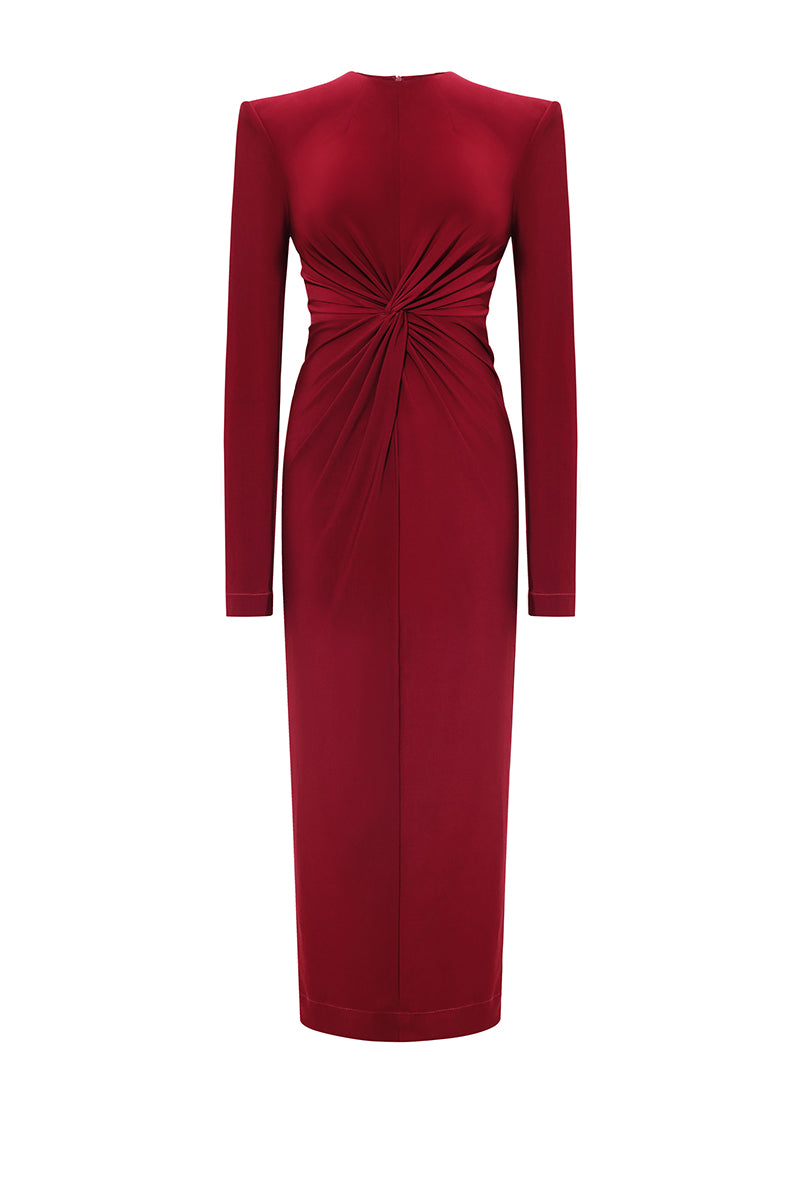Red Valencia Maxi Dress by LEKIEU, flowing fabric with a stylish silhouette, displayed on a hanger.