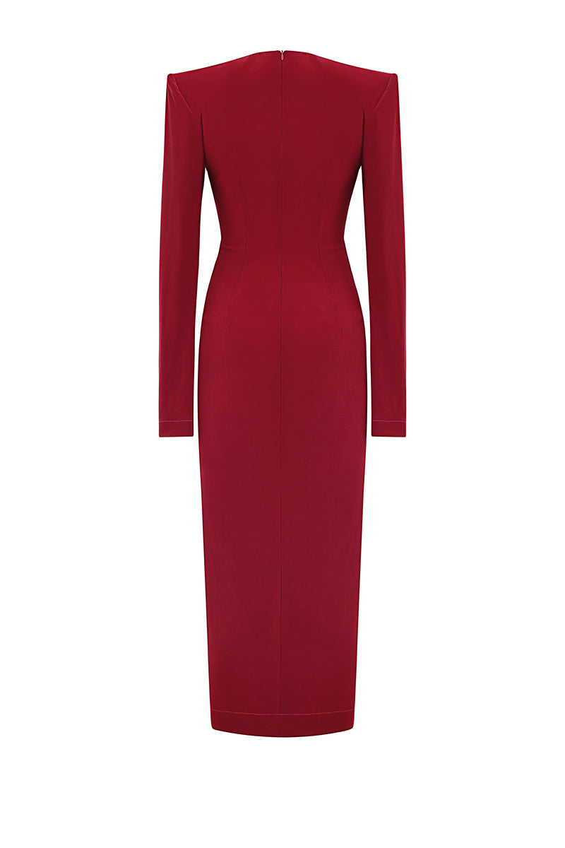 Red LEKIEU Valencia maxi dress displayed on a hanger, showcasing its elegant flowy fabric and stylish design.