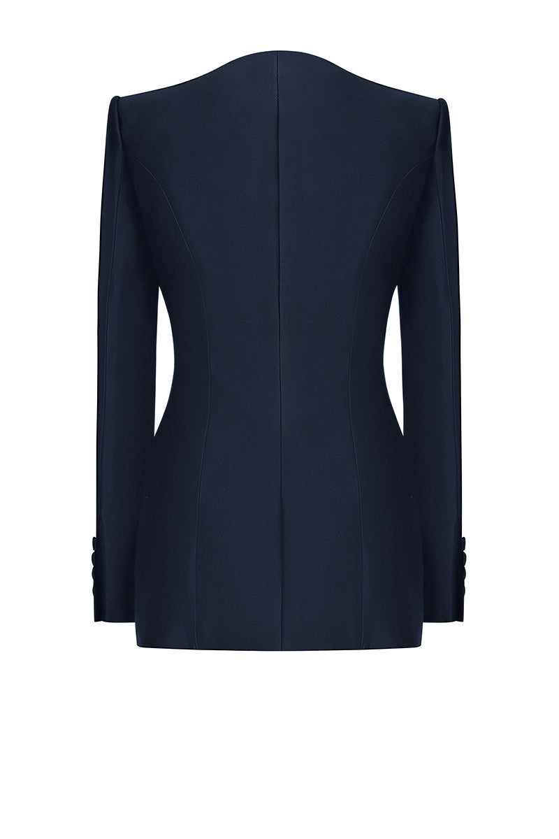 Navy CUENCA jacket by LEKIEU featuring a stylish design, front zipper, and tailored fit, displayed on a hanger.