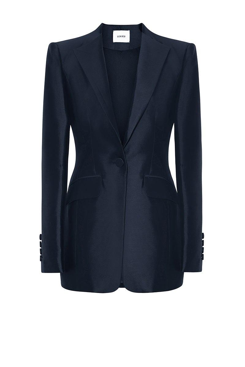 Navy CUENCA jacket by LEKIEU featuring a stylish, tailored design with front pockets and a sleek finish.