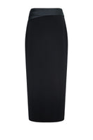 Black LEKIEU Pamplona midi skirt displayed on a model, showcasing its sleek design and elegant length.
