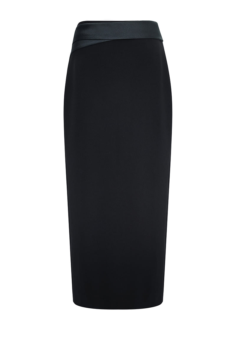 Black LEKIEU Pamplona midi skirt displayed on a model, showcasing its sleek design and elegant length.