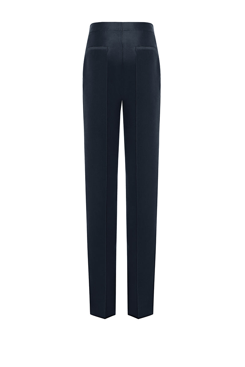 NIKORA navy pants by LEKIEU, featuring a tailored fit and stylish design, displayed on a plain background.