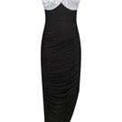 Black and crystal Diana midi dress by Nué, featuring elegant fabric and intricate detailing, perfect for formal occasions.