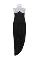 Black and crystal Diana midi dress by Nué, featuring elegant fabric and intricate detailing, perfect for formal occasions.