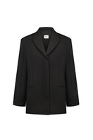 Black wool jacket by Sayya shown on a hanger, featuring a classic design and cozy texture.