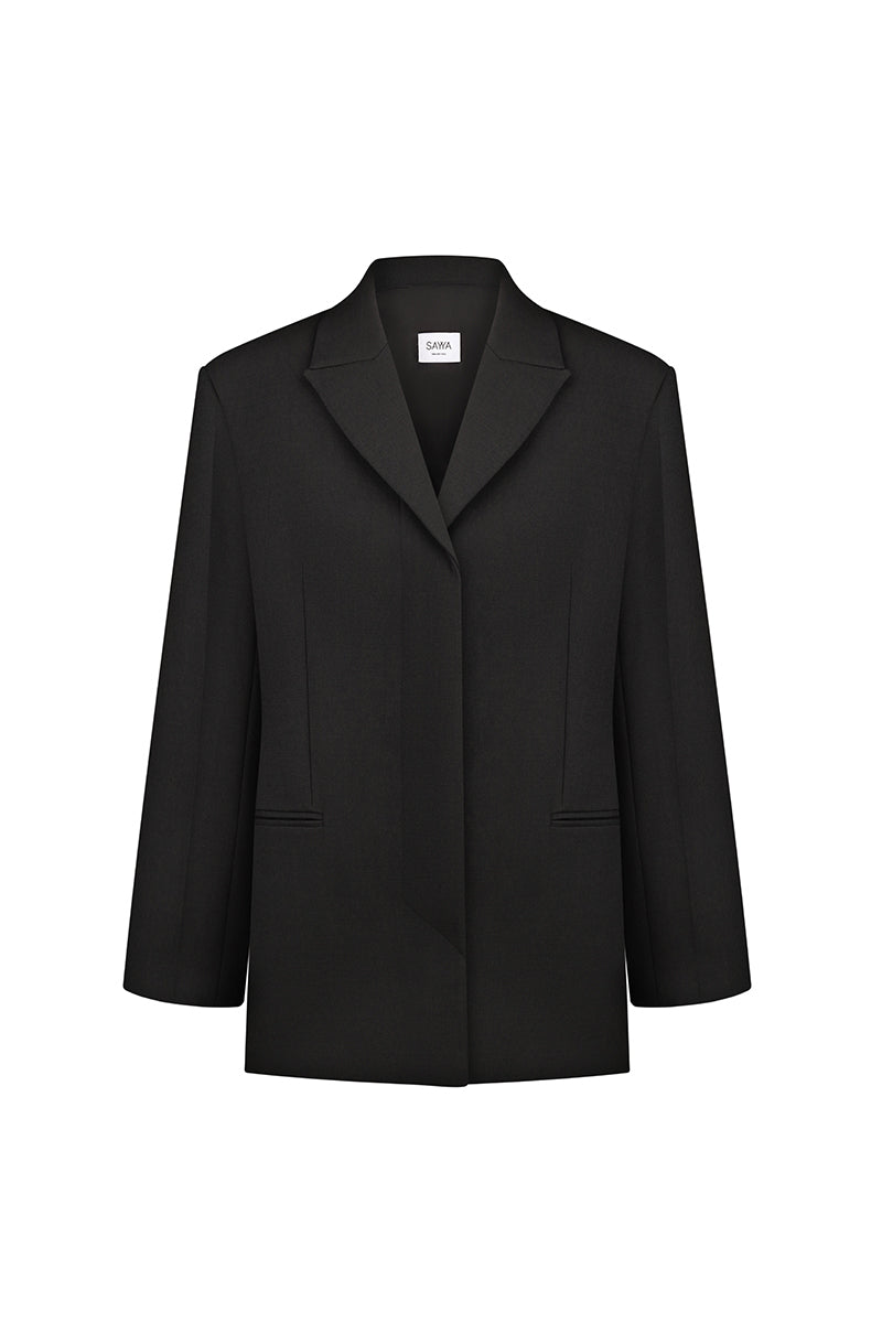 Black wool jacket by Sayya shown on a hanger, featuring a classic design and cozy texture.