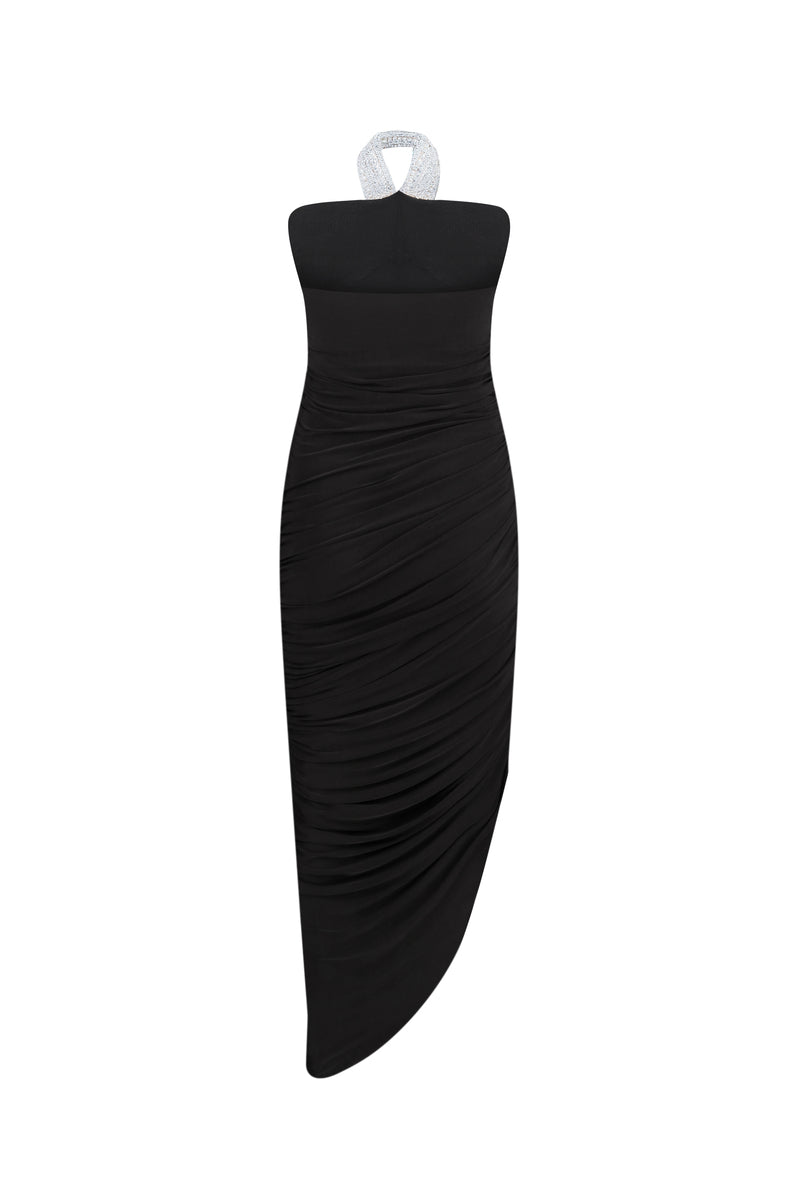 Nué Diana black midi dress with crystal embellishments, featuring a fitted silhouette and elegant design.