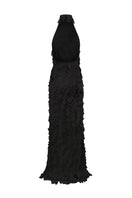 Black Nué Swan Dress gown displayed on a hanger with elegant fabric and flowing silhouette.