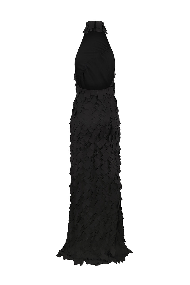 Black Nué Swan Dress gown displayed on a hanger with elegant fabric and flowing silhouette.