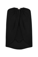 Black jersey cape bodysuit by ELENAREVA, featuring a sleek design with flowing cape details and fitted bodysuit silhouette.
