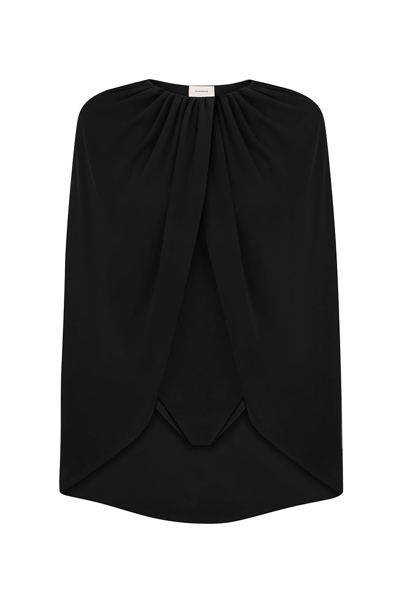 Black jersey cape bodysuit by ELENAREVA, featuring a sleek design with flowing cape details and fitted bodysuit silhouette.