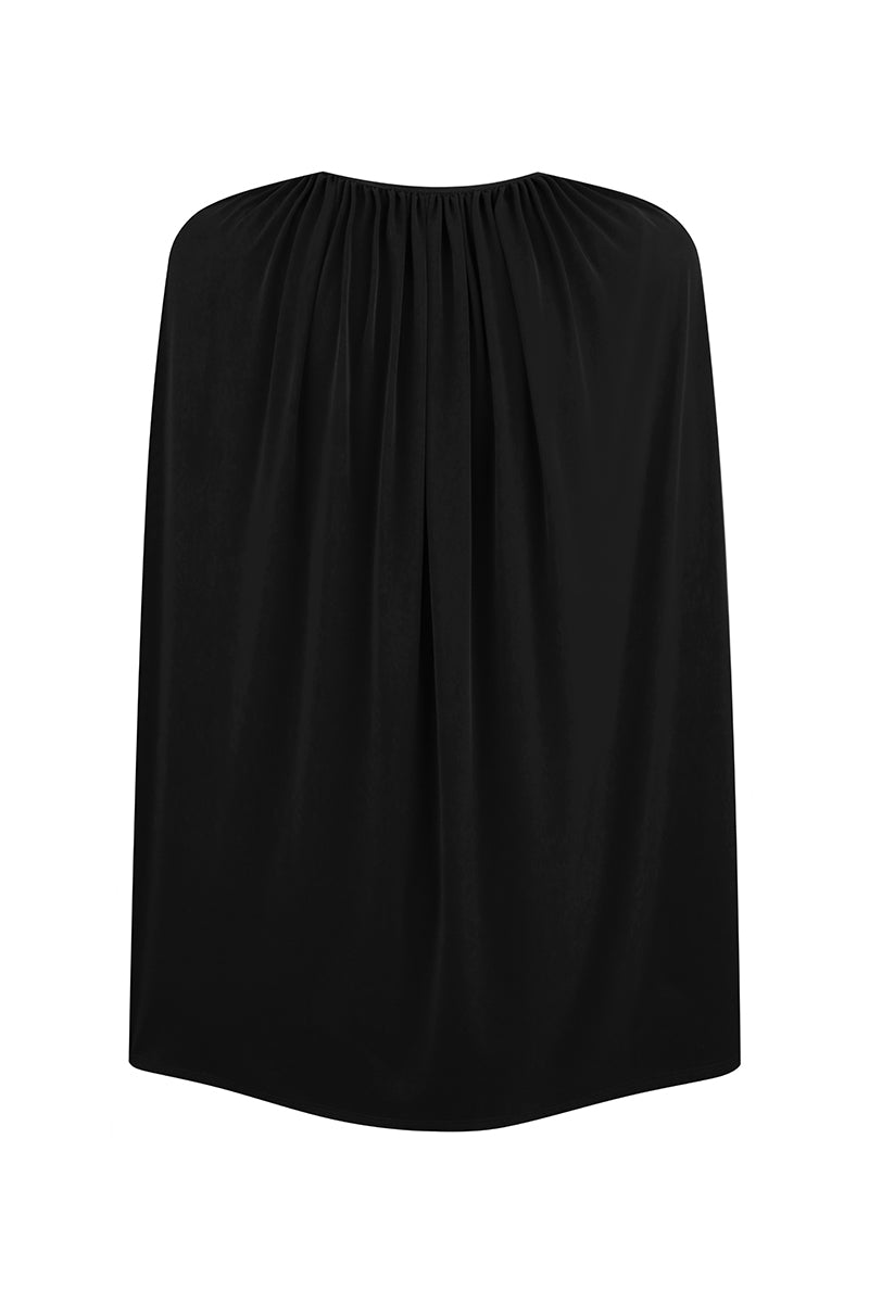 Black jersey cape bodysuit by ELENAREVA, featuring a sleek, fitted design with cape-style sleeves and high-cut leg openings.
