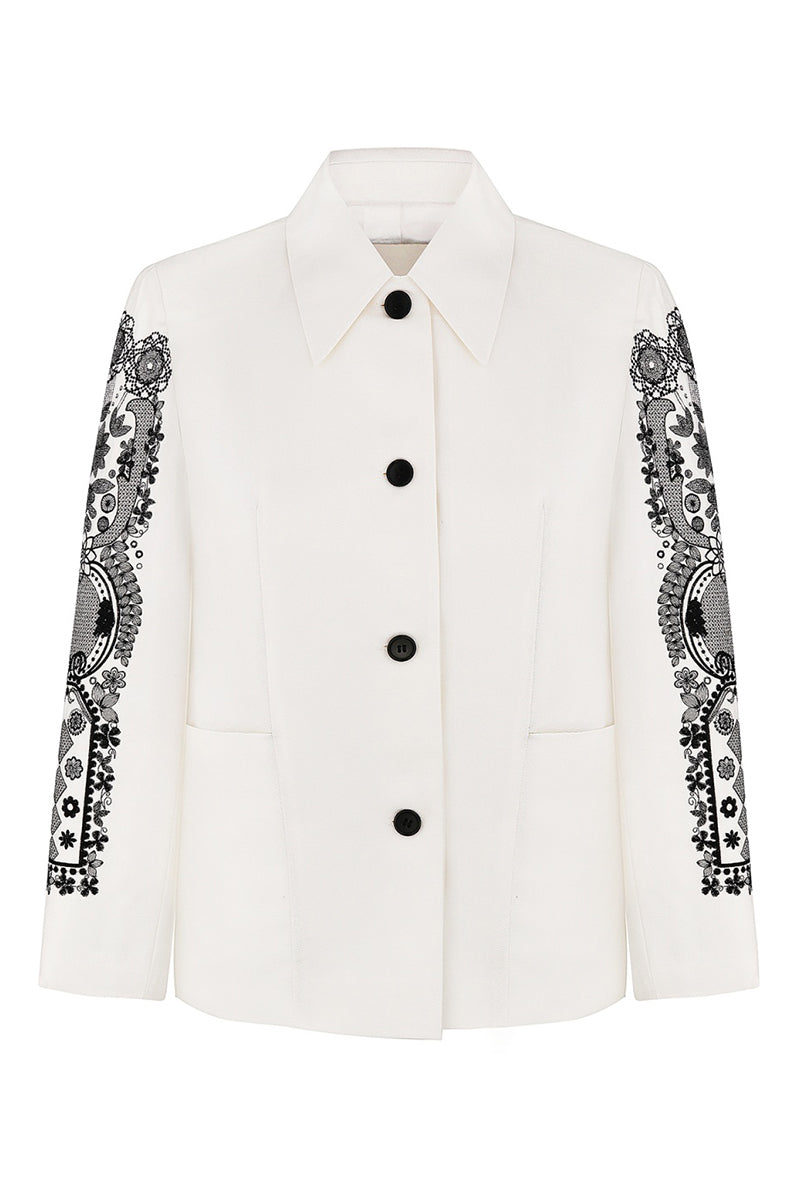 Decorative ornament jacket by DELEGAN, stylish casual jacket with intricate embellishments and modern design, front view.