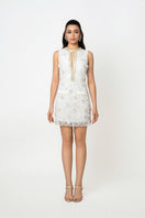 Valenciani mini lace dress with floral appliqué, featuring delicate lace fabric and intricate floral details.