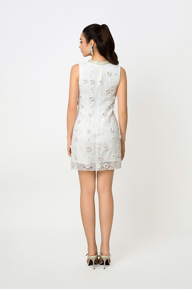 Valenciani mini lace dress with floral appliqué, showcasing intricate lace details and delicate floral embellishments.