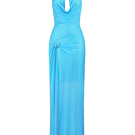 Nué Alessia blue gown, elegant evening dress with flowing fabric and intricate detailing, displayed on a mannequin.