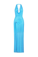 Nué Alessia blue gown, elegant evening dress with flowing fabric and intricate detailing, displayed on a mannequin.