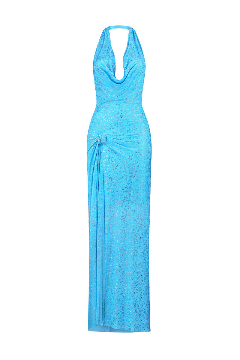 Nué Alessia blue gown, elegant evening dress with flowing fabric and intricate detailing, displayed on a mannequin.
