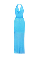 Nué Alessia blue gown with elegant flowy fabric and intricate detailing, perfect for formal occasions and evening wear.