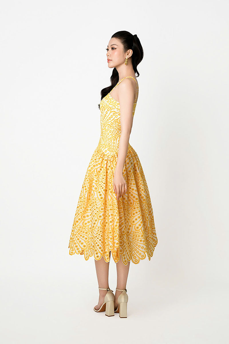 FLORAL EYELET MIDI DRESS IN YELLOW | CULT MIA | Valenciani FLORAL EYELET MIDI DRESS IN YELLOW | CULT MIA | Valenciani