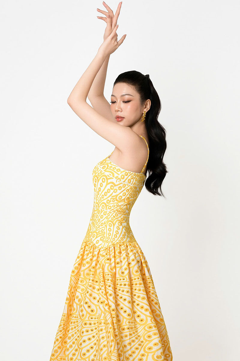 FLORAL EYELET MIDI DRESS IN YELLOW | CULT MIA | Valenciani FLORAL EYELET MIDI DRESS IN YELLOW | CULT MIA | Valenciani