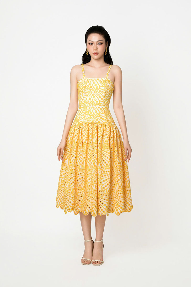 FLORAL EYELET MIDI DRESS IN YELLOW