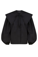 Black collar shirt by DELEGAN, featuring a classic design with a button-up front and short sleeves, displayed on a mannequin.