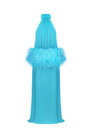 Nué Anaïs blue gown with flowing fabric and elegant design, displayed on a mannequin.
