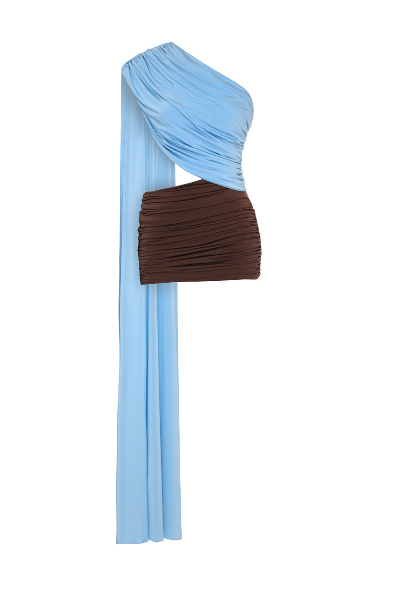 Baby blue and brown cape-detailed draped mini dress by AWAVE, showcasing elegant fabric and stylish design.