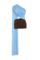 Baby blue and brown cape-detailed draped mini dress by AWAVE, showcasing elegant fabric and stylish design.