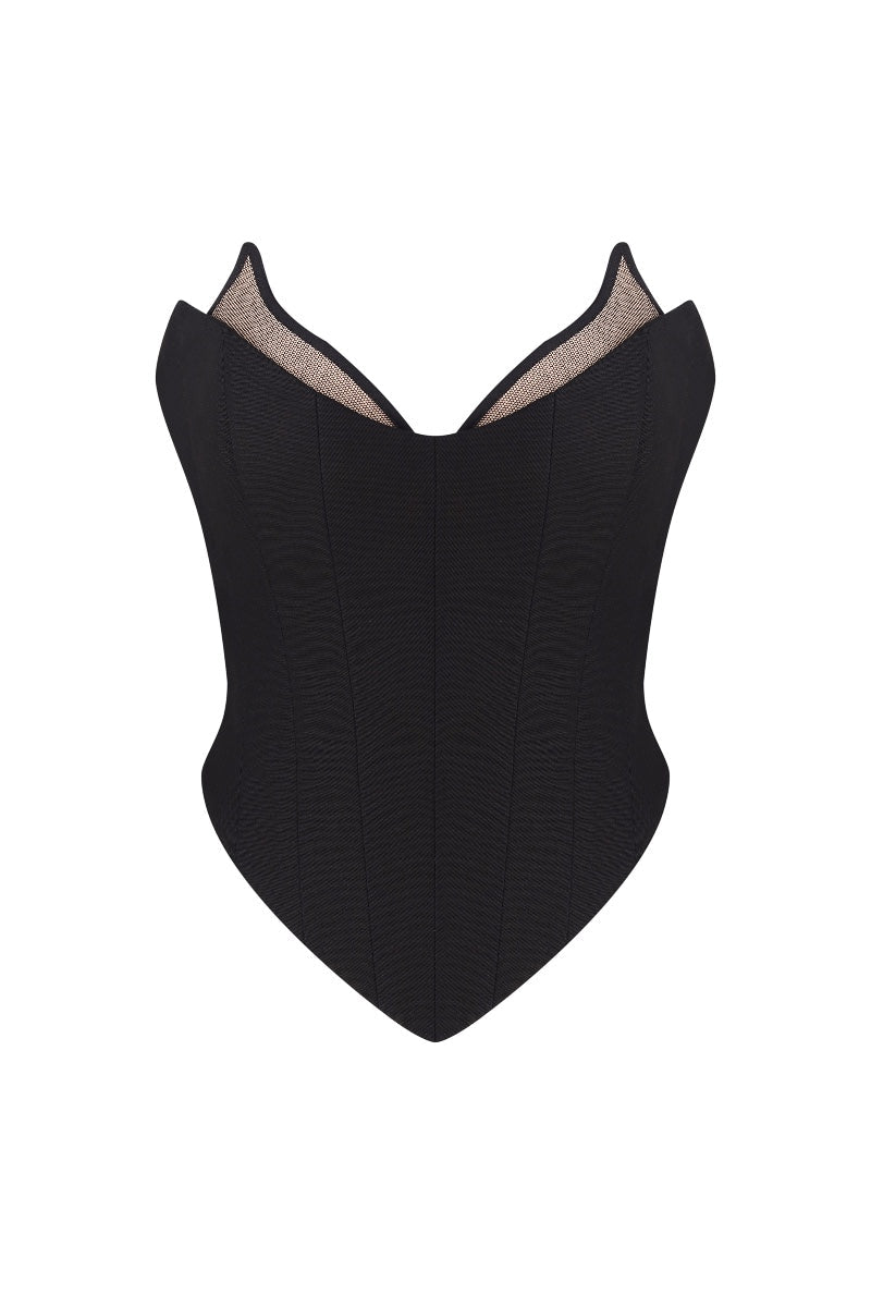 Nué VENEDA corset top with lace-up front and adjustable straps, shown in black, stylish and form-fitting women’s fashion top.