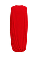 Red jersey midi cape dress by ELENAREVA featuring a flowing silhouette and elegant cape detail, perfect for stylish occasions.
