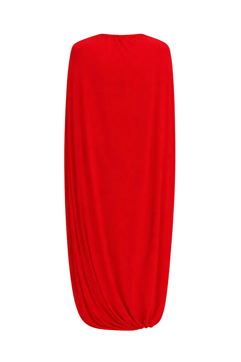 Red jersey midi cape dress by ELENAREVA featuring a flowing silhouette and elegant cape detail, perfect for stylish occasions.
