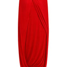 Red jersey midi cape dress by ELENAREVA, showcasing a flowing midi-length dress with a stylish cape detail and fitted silhouette.