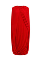 Red jersey midi cape dress by ELENAREVA, showcasing a flowing midi-length dress with a stylish cape detail and fitted silhouette.