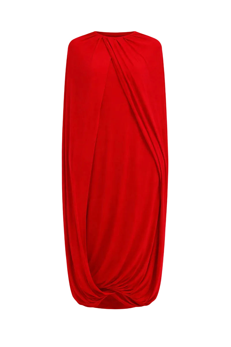 Red jersey midi cape dress by ELENAREVA, showcasing a flowing midi-length dress with a stylish cape detail and fitted silhouette.
