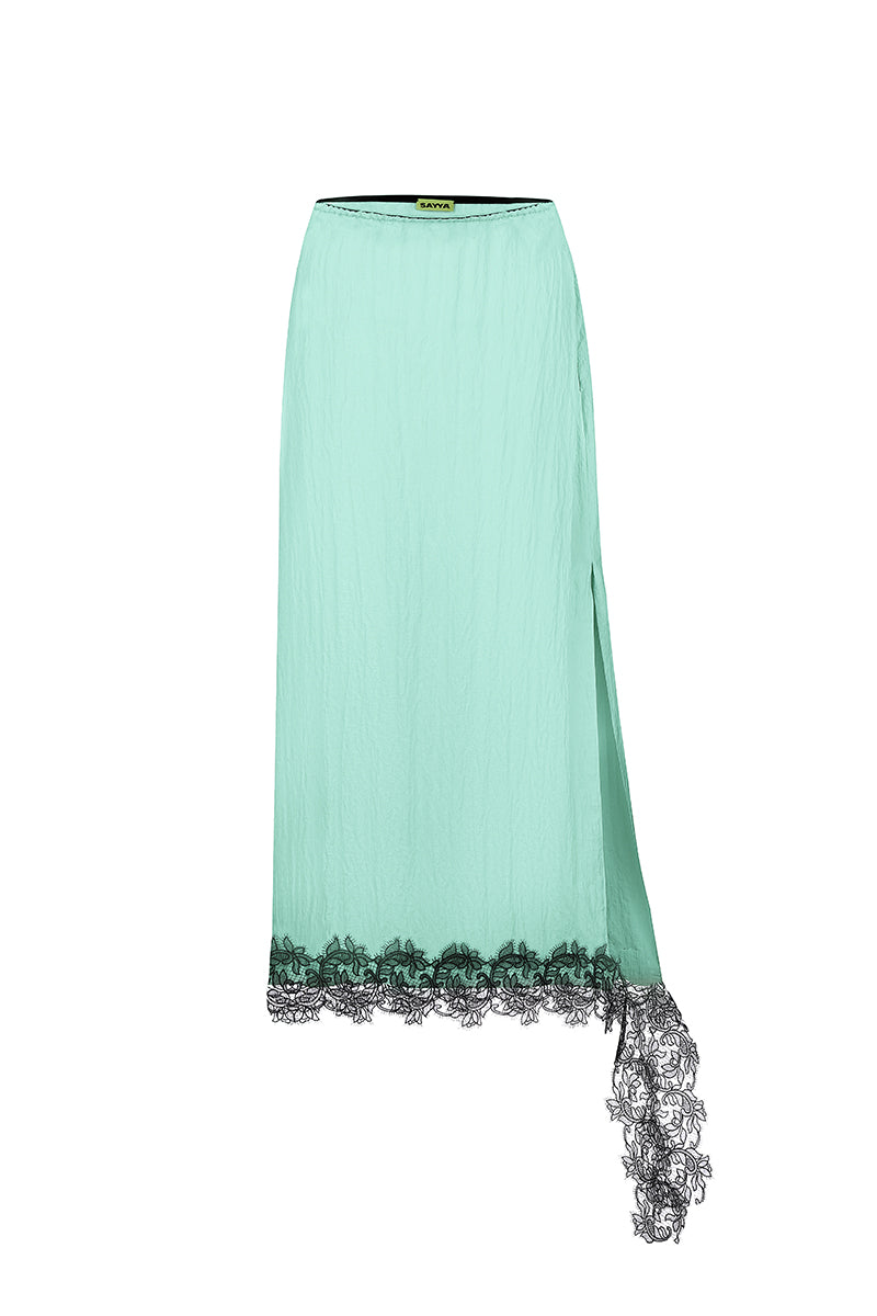 Sayya mint and black lace midi skirt displayed on a hanger, showing intricate lace details and flowy fabric.
