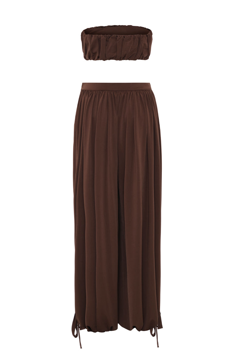 AWAVE draped harem pants with ruched strapless top co-ord set, featuring flowy fabric and stylish, comfortable design.