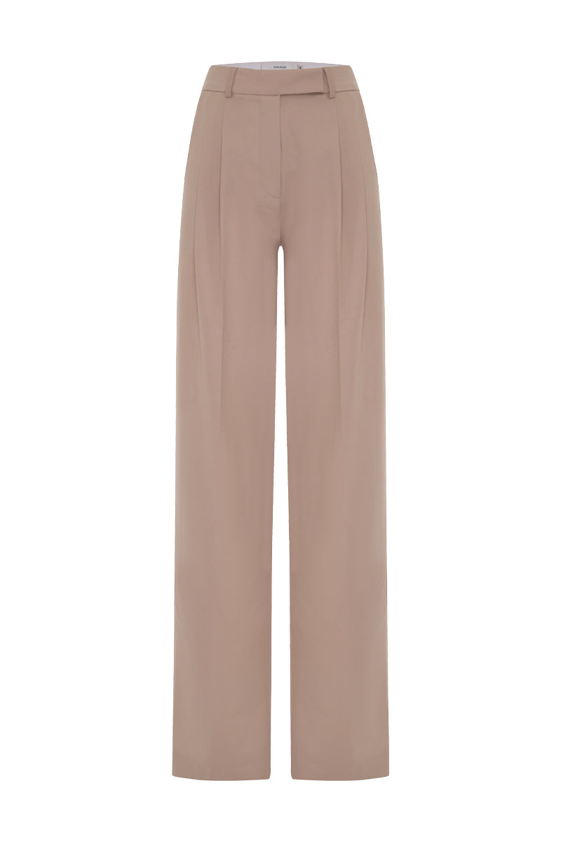 Beige double-pleated wide-leg pants by AWAVE with a relaxed fit, shown on a model with a neutral background.