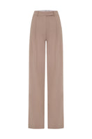 Beige double-pleated wide-leg pants by AWAVE with a relaxed fit, shown on a model with a neutral background.