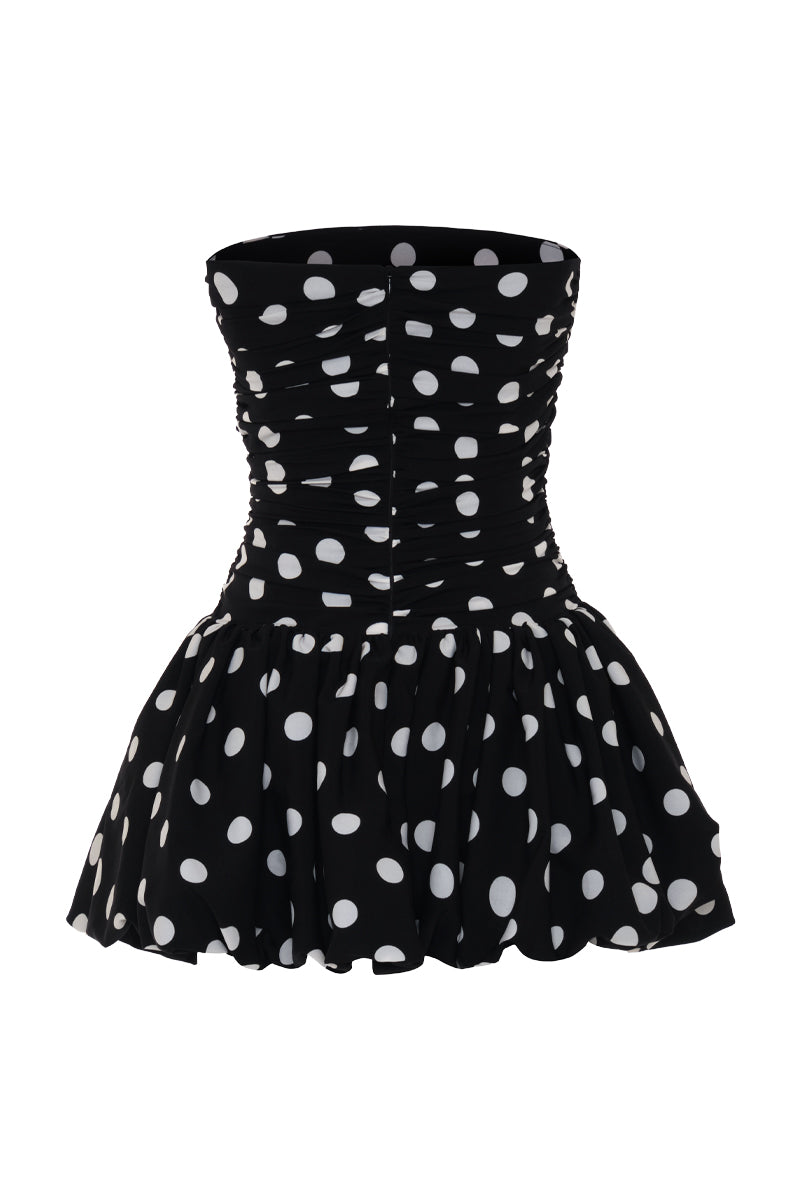 AWAVE ruched strapless mini dress with a balloon skirt, showcasing elegant fabric and stylish design on a model.