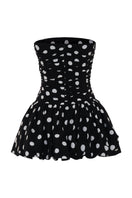 AWAVE ruched strapless mini dress with a balloon skirt, showcasing elegant fabric and stylish design on a model.