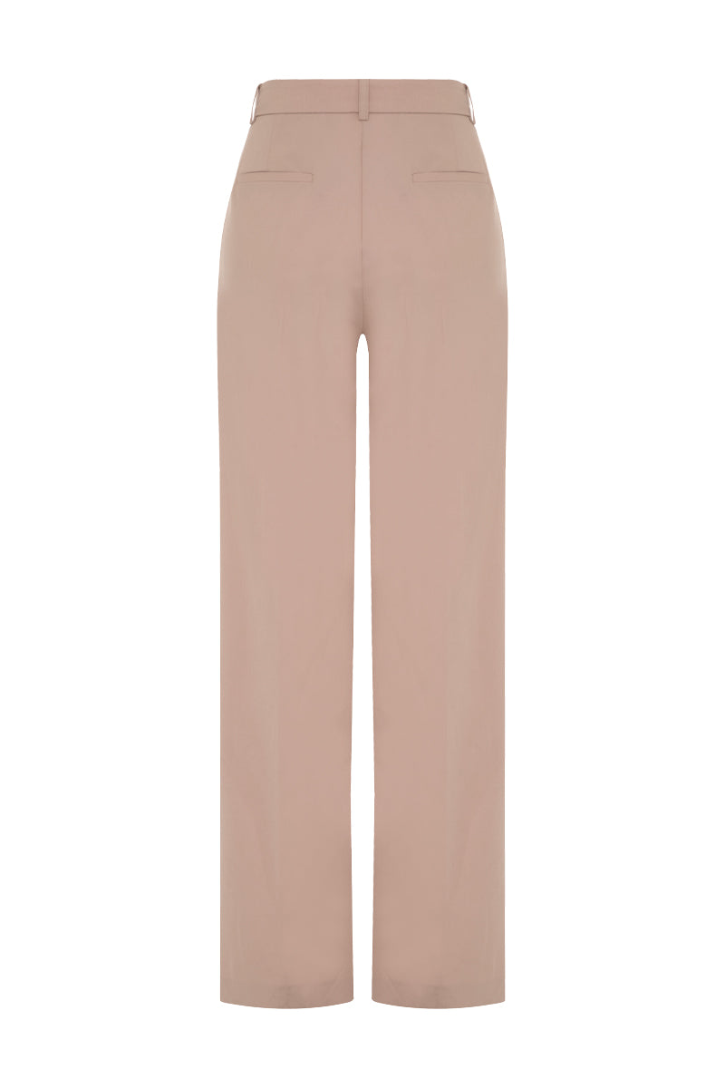Beige double-pleated wide-leg pants by AWAVE displayed on a hanger with a clean background.
