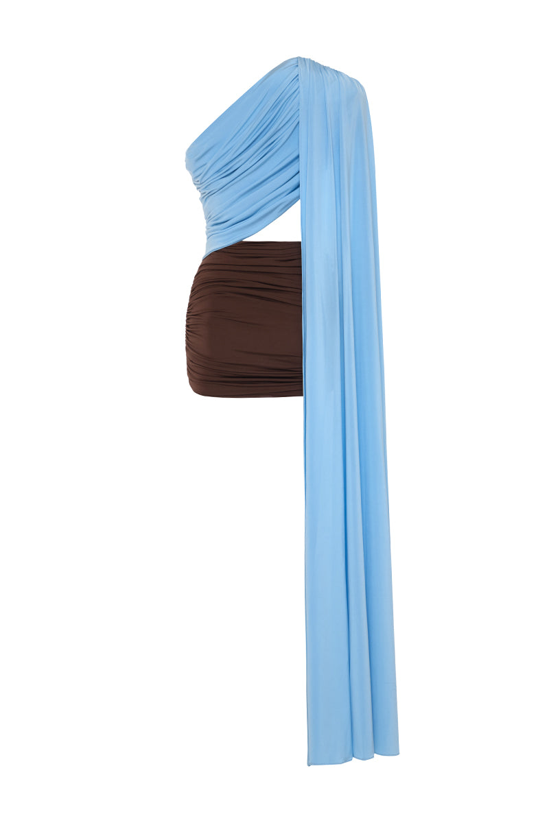 Baby blue and brown cape-detailed draped mini dress by AWAVE, featuring flowing fabric and stylish design.