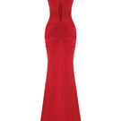 Red AWAVE strappy maxi dress with drape detailing, featuring a flowing silhouette and elegant strap design.