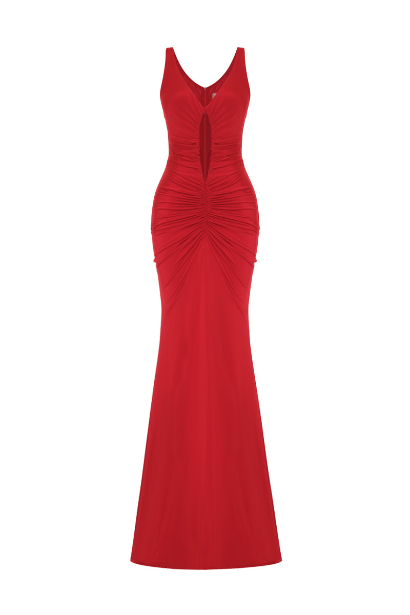 Red AWAVE strappy maxi dress with drape detailing, featuring a flowing silhouette and elegant strap design.